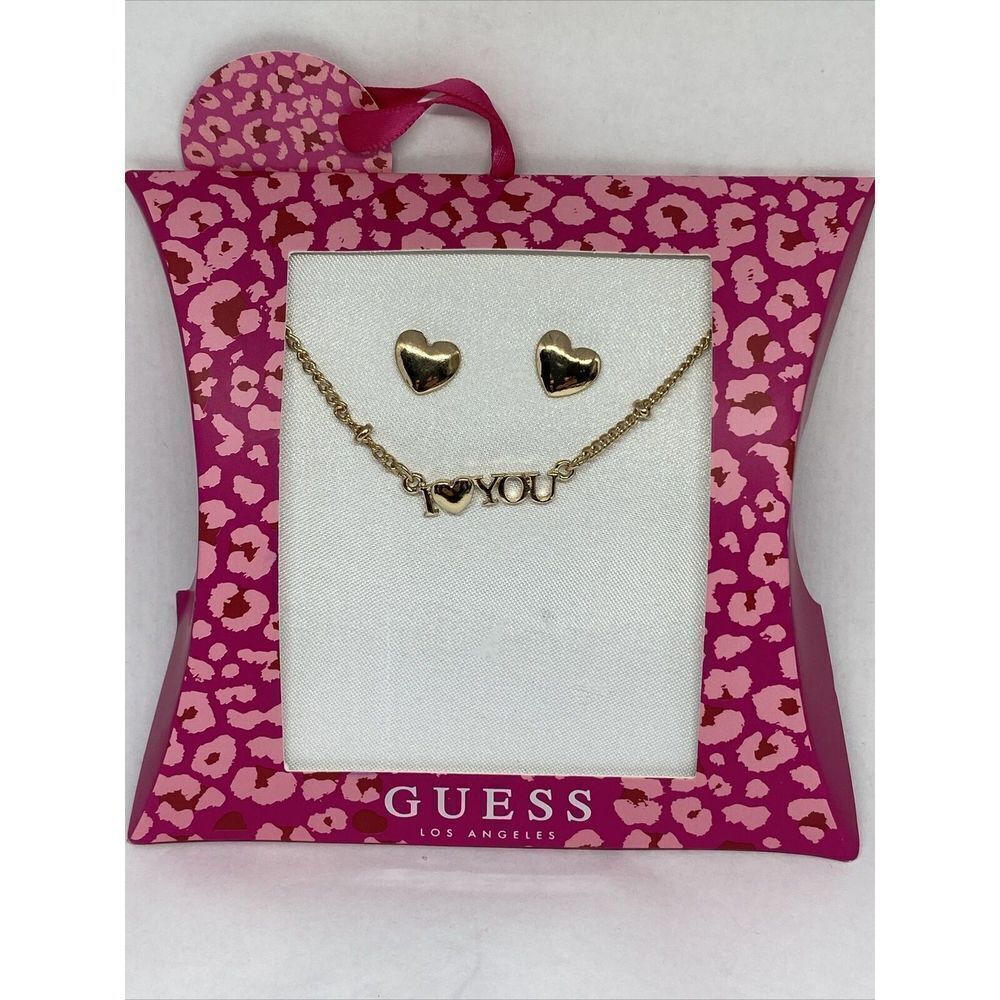 Guess A11913-21 Gold-Tone I Heart You Collar Necklace & Earrings MSRP $25 G29